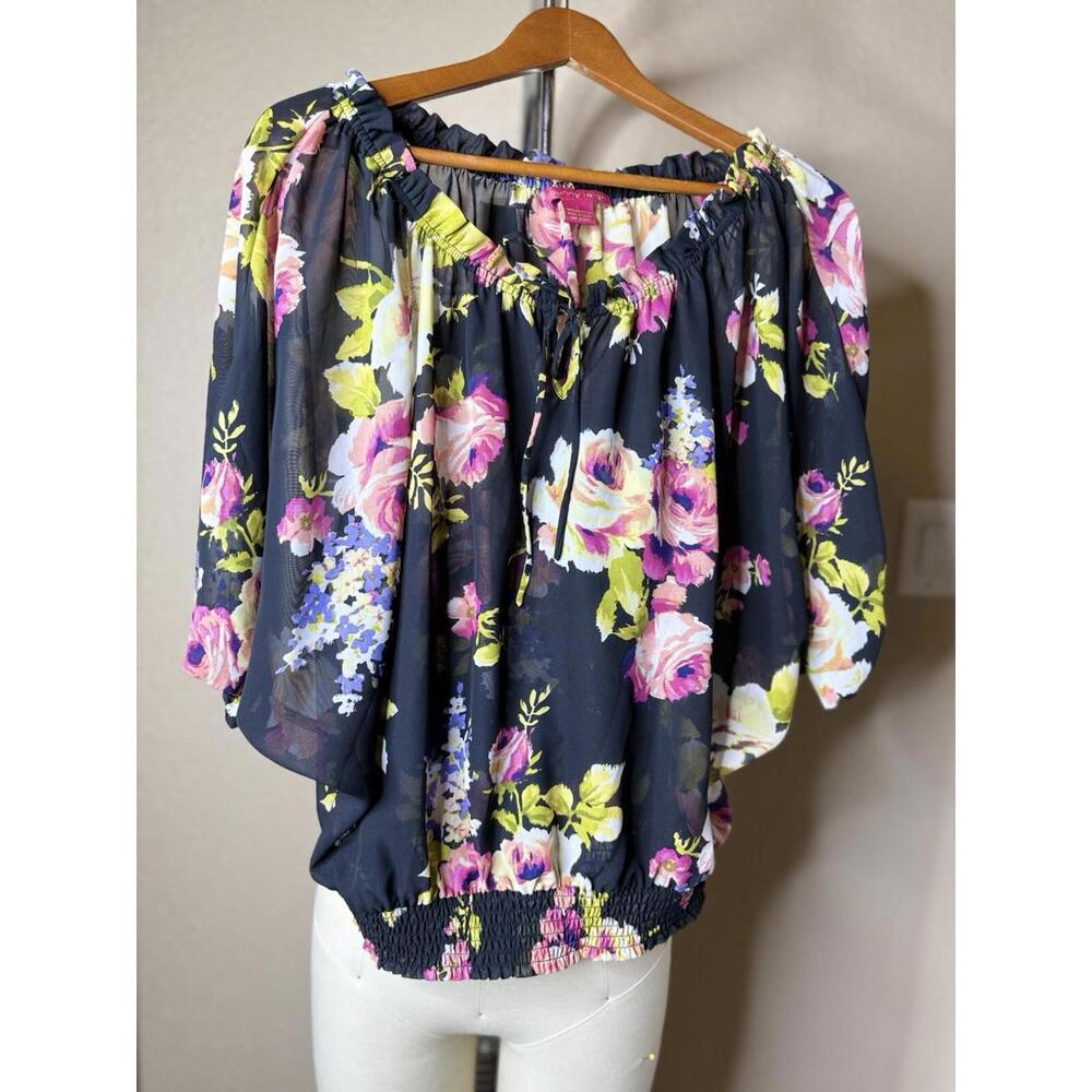 Sunny Leigh Blouse Womens Size L Multicolor Floral Tie Neck Popover Top